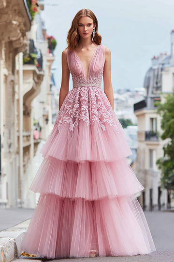 Tiered Pink V Neck Lace A Line Prom Dress